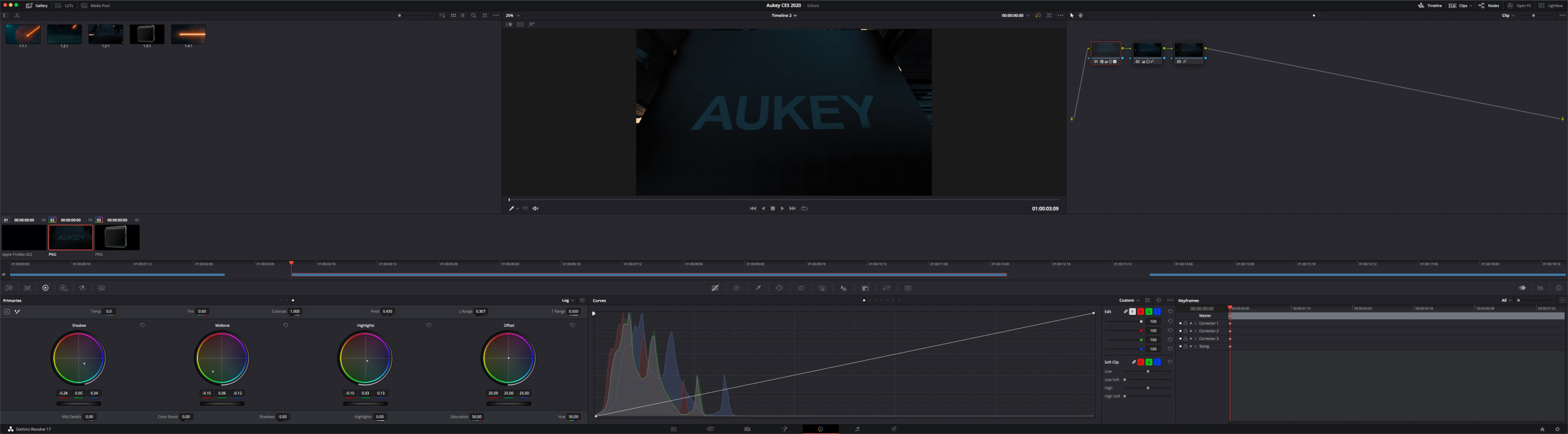 A screengrab of DaVinci Resolve showing the node tree for the grading for the spot