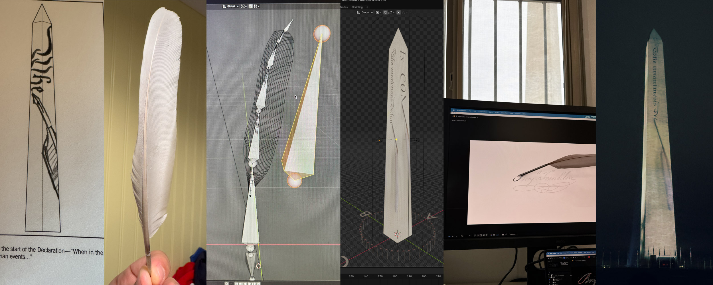 A series of images showing the storyboard all through creating a 3D quill that is ultimately projected onto the Washington Monument writing out the Declaration of Independence.