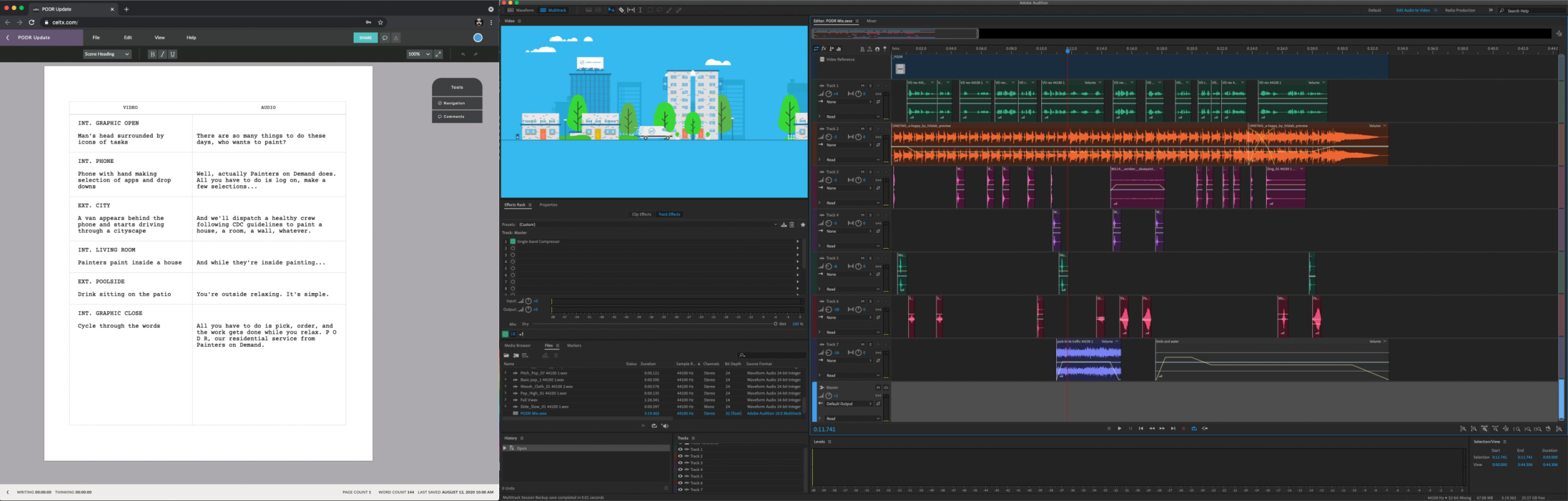 A collage of script side by side with the audio edit for the spot
