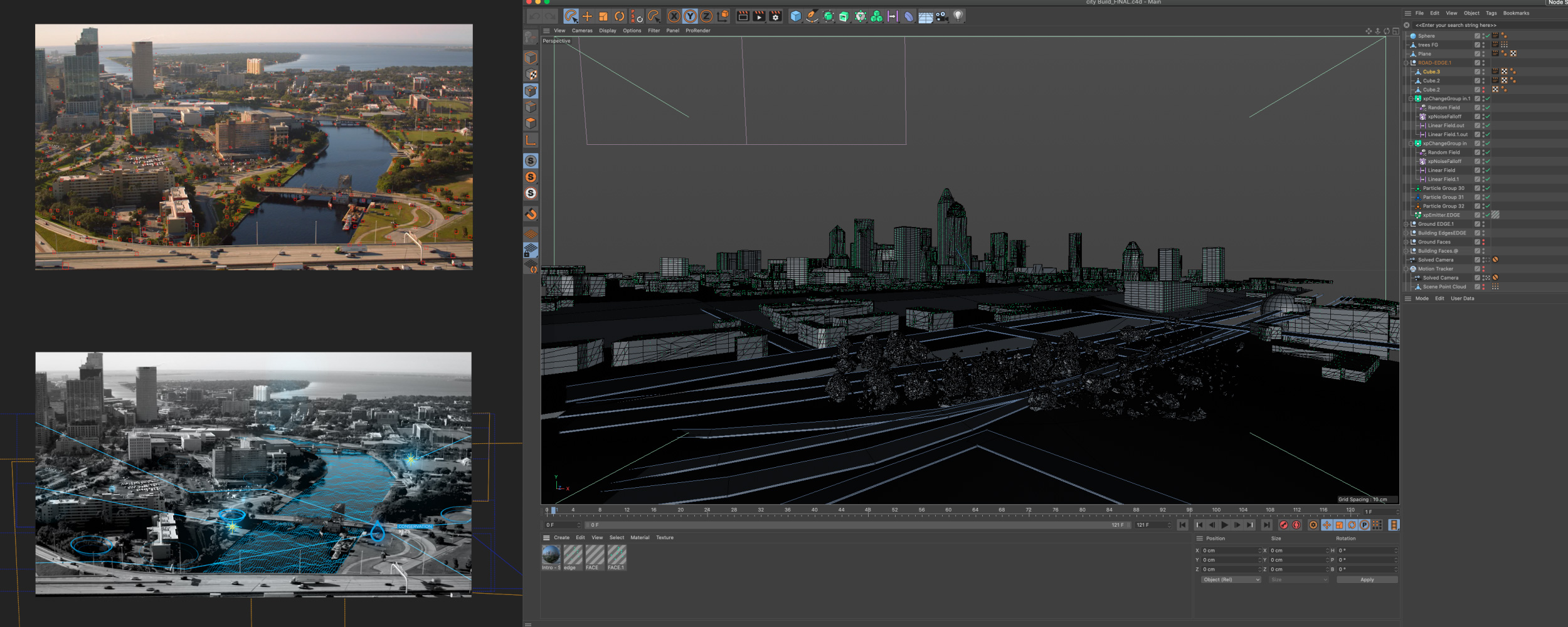 A collage of compositons in After Effects, as well as the setup for the into built in Cinema 4D.