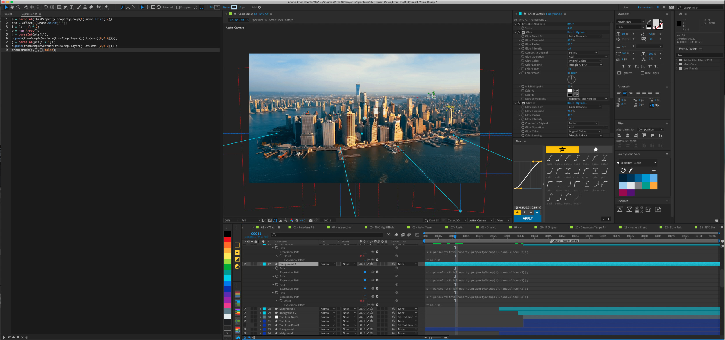 An After Effects window showing the rigging and expressions used to add tracked items to scenes.