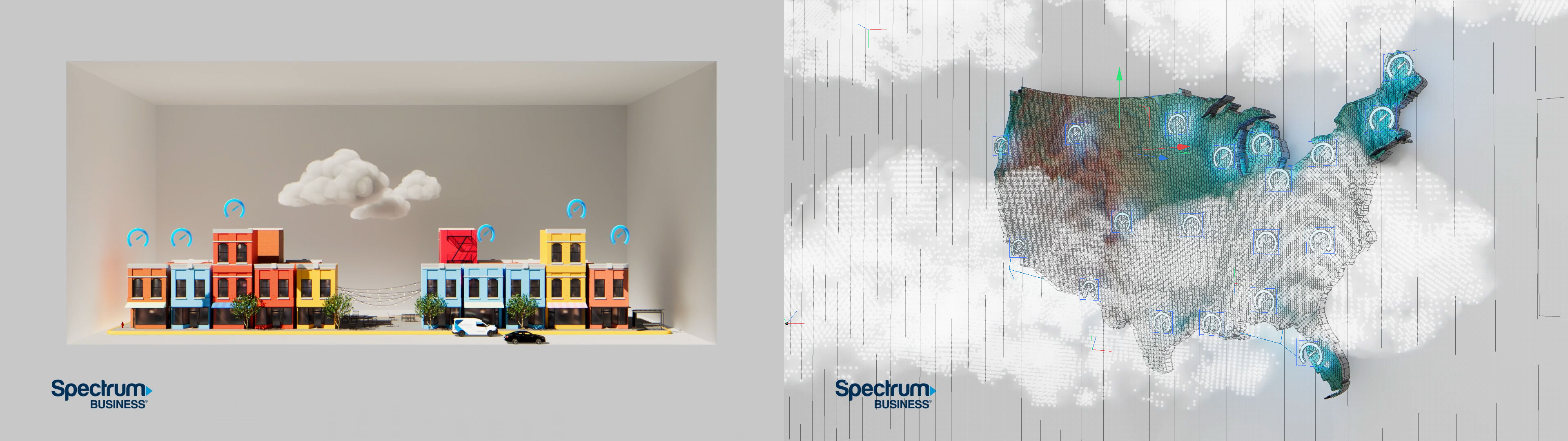 2 3D scenes, one with a small city and a Spectrum van and the other is a screenshot of the animation in Cinema 4D